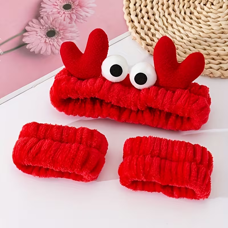Skincare Routine - 3pcs Crab-Themed Hairbands & Wristbands Suitable