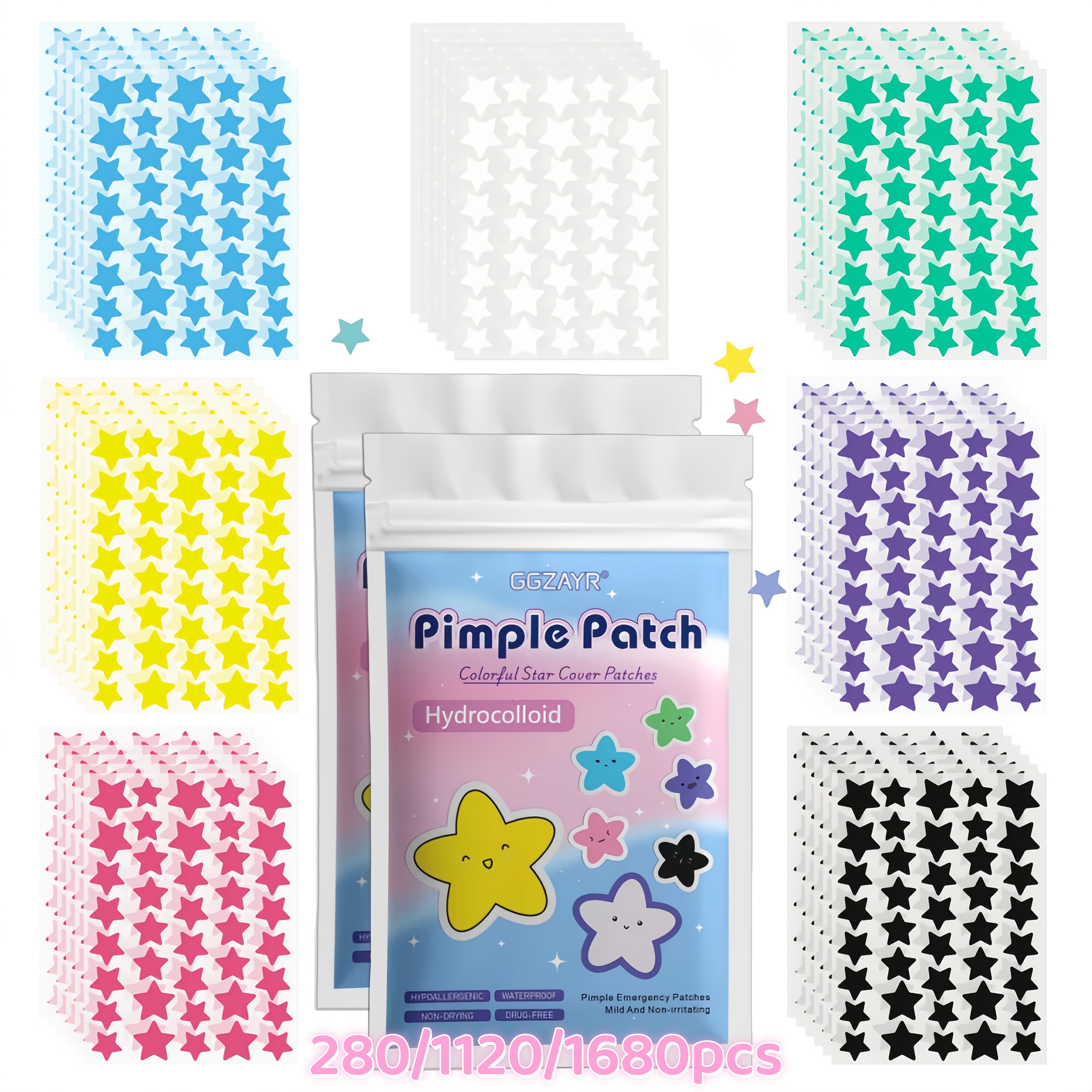 Skincare Acne - 280/1120/1680pcs Seven-Color Star Pimple Patches –